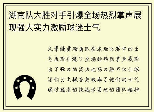 湖南队大胜对手引爆全场热烈掌声展现强大实力激励球迷士气
