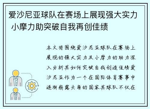 爱沙尼亚球队在赛场上展现强大实力 小摩力助突破自我再创佳绩