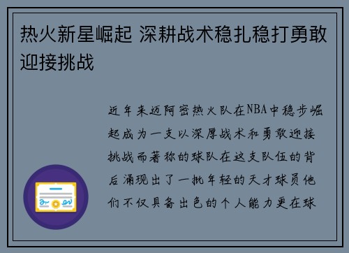 热火新星崛起 深耕战术稳扎稳打勇敢迎接挑战